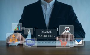 Digital marketing services concept showing SEO, analytics, social media, and online advertising for small businesses