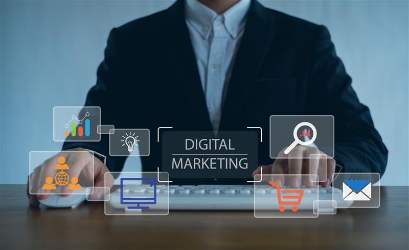 Digital marketing services concept showing SEO, analytics, social media, and online advertising for small businesses